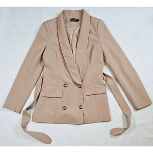 BLITHE LA Elegant Nude Gold Trim Button Tie-Up Blazer Jacket